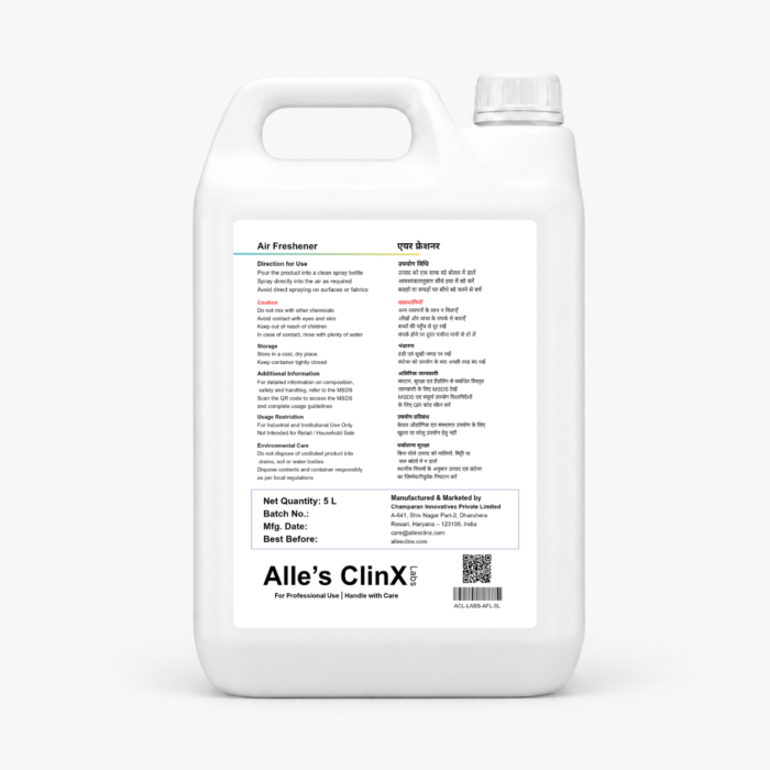 Back label of Alle’s ClinX Air Freshener 5L Afi