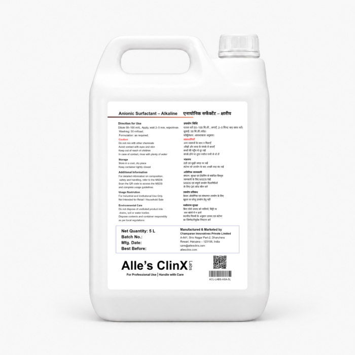 Back label of Alle’s ClinX Anionic Surfactant Alkaline Cleaner 5L