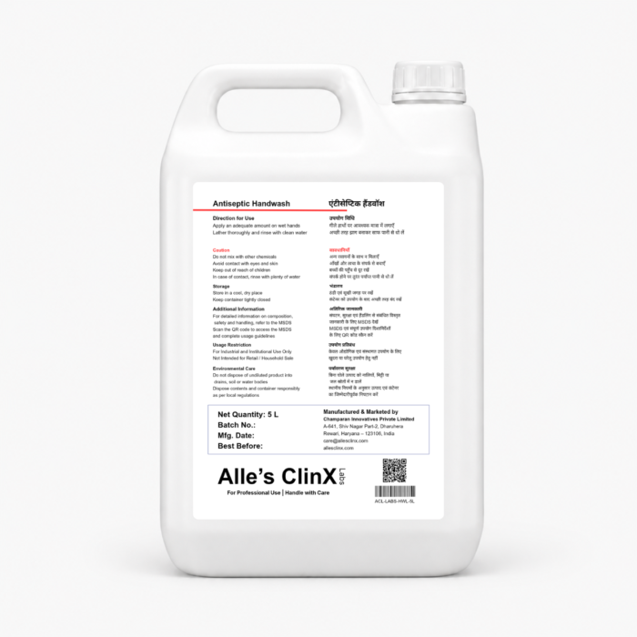 Back label of Alle’s ClinX Antiseptic Handwash 5L