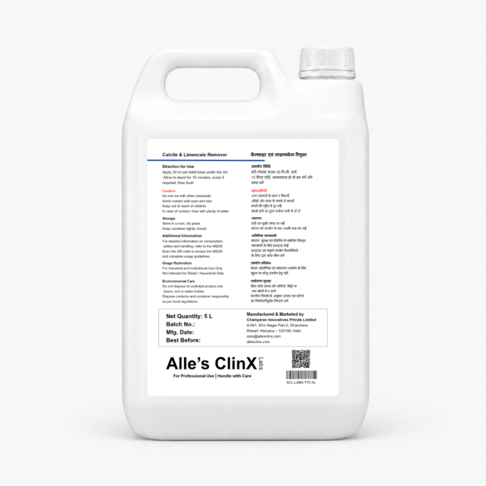 Back label of Alle’s ClinX Calcite Limescale Remover 5L
