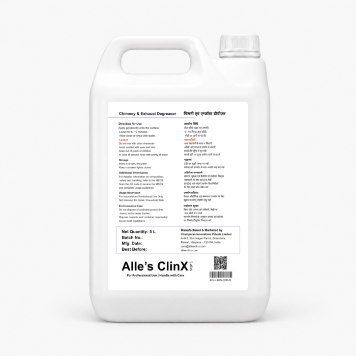 Back label of Alle’s ClinX Chimney Exhaust Degreaser 5L