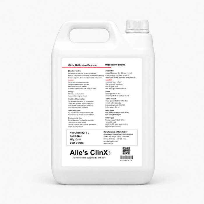 Back label of Alle’s ClinX Citric Bathroom Descaler 5L