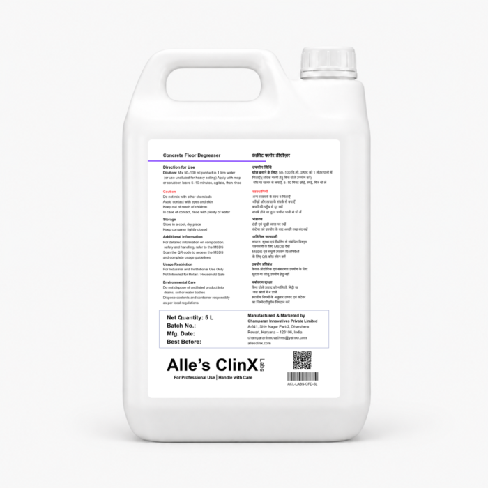Alle’s ClinX Concrete Floor Degreaser 5L – Back Label Back label of Alle’s ClinX Concrete Floor Degreaser 5L