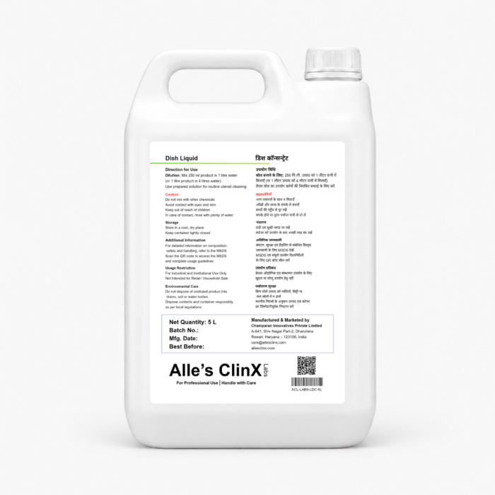Back label of Alle’s ClinX Dish Liquid Concentrate 5L