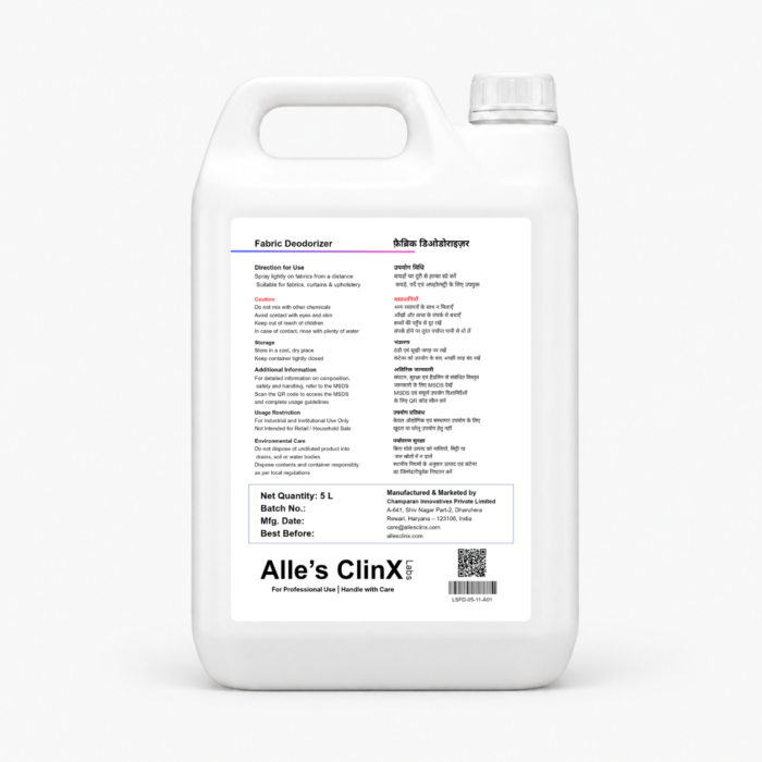 Back label of Alle’s ClinX Fabric Deodorizer 5L