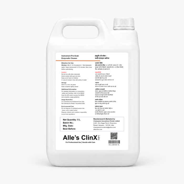 Back label of Alle’s ClinX Instrument Pre Soak Enzymatic Cleaner 5L