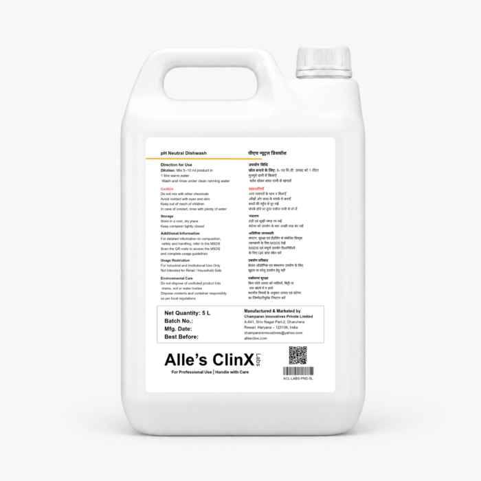 Back label of Alle’s ClinX pHneutral Dishwash 5L