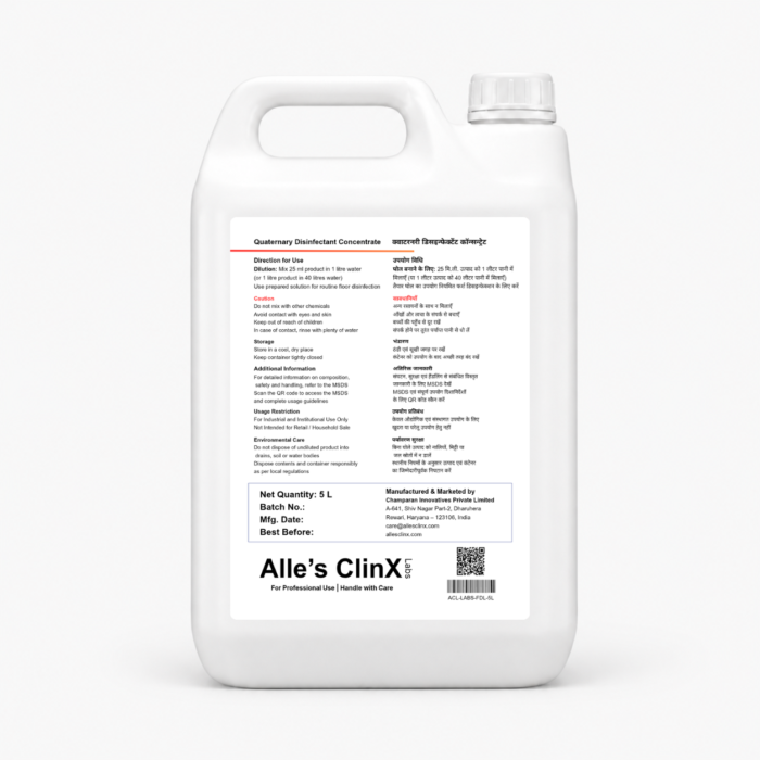 Alle’s ClinX Quaternary Disinfectant Concentrate 5L – Back Label Back label of Alle’s ClinX Quaternary Disinfectant Concentrate 5L