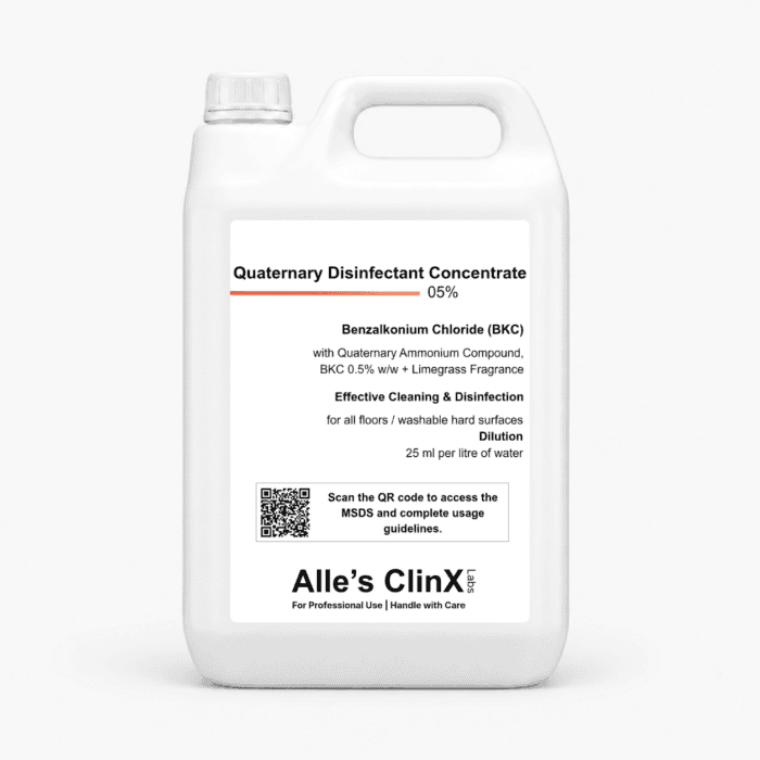 Alle’s ClinX Quaternary Disinfectant Concentrate BKC 5% – Product Image Alle’s ClinX Quaternary Disinfectant Concentrate BKC 5% product packaging