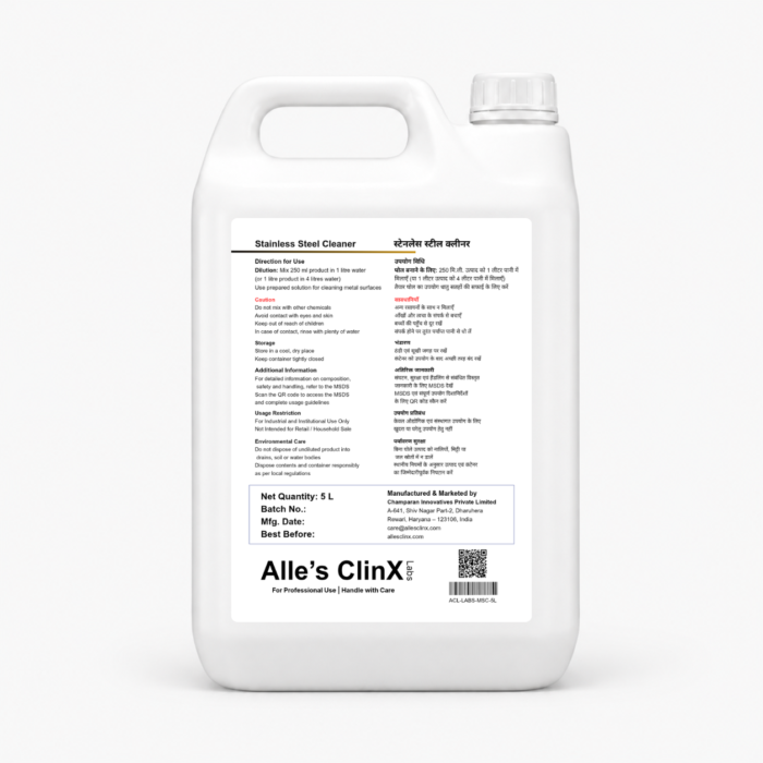 Back label of Alle’s ClinX Stainless Steel Cleaner 5L