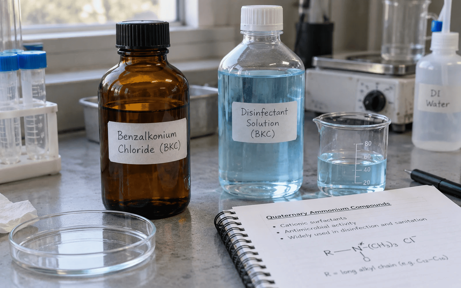 Benzalkonium chloride bottle and BKC disinfectant solution on a laboratory bench