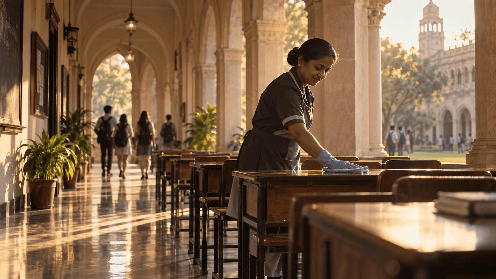 Campus housekeeping in a sunlit academic corridor.