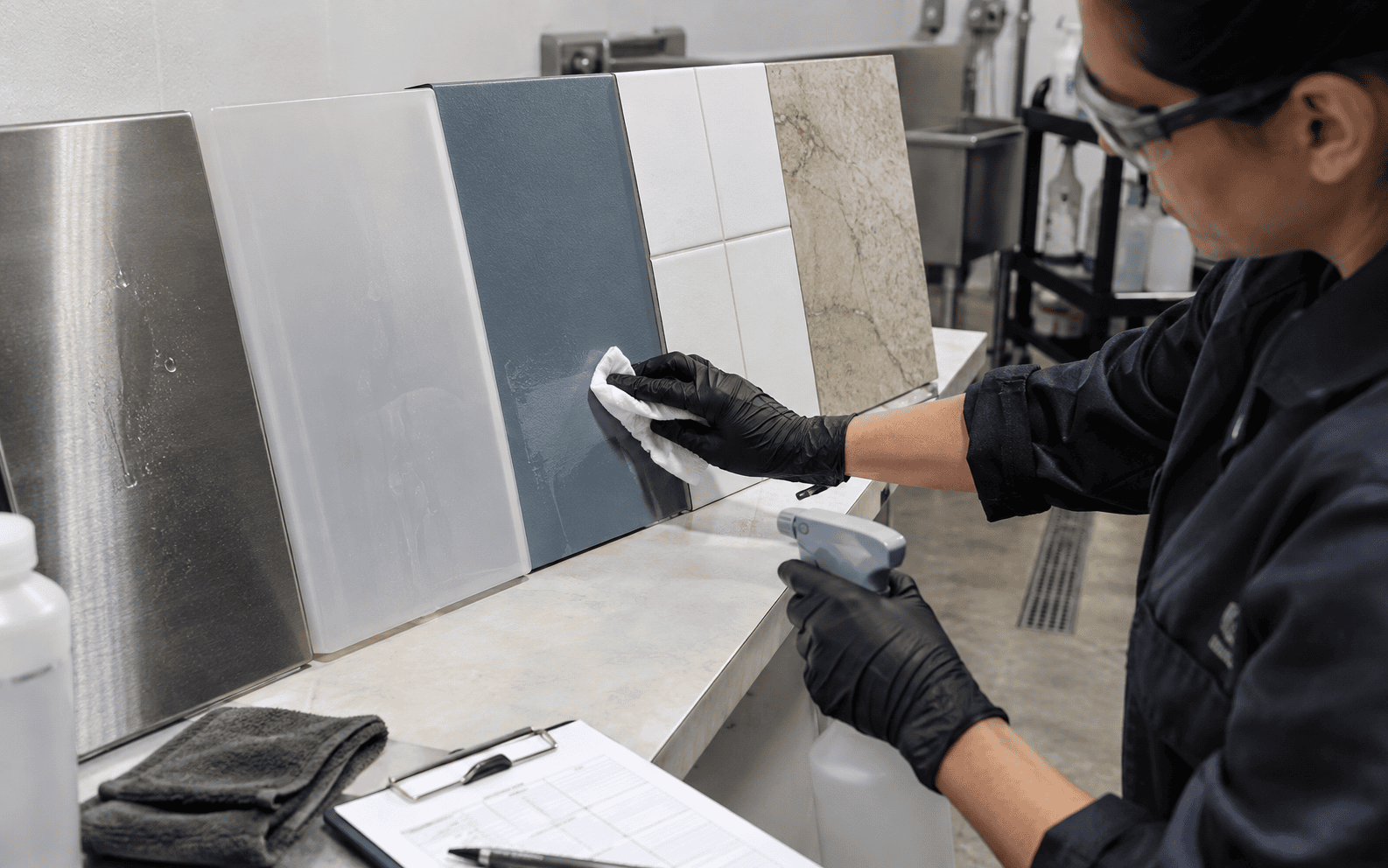 Cleaning chemical compatibility test across stainless steel plastic painted tile and stone surfaces