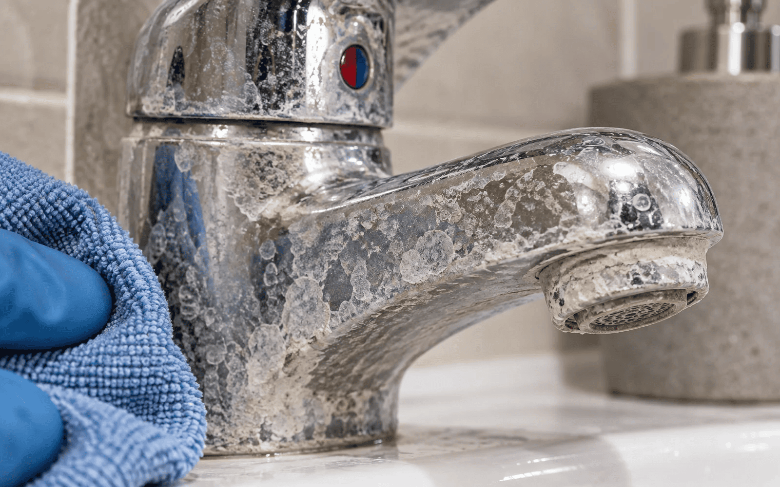 Hard-water mineral deposits and limescale on a chrome faucet