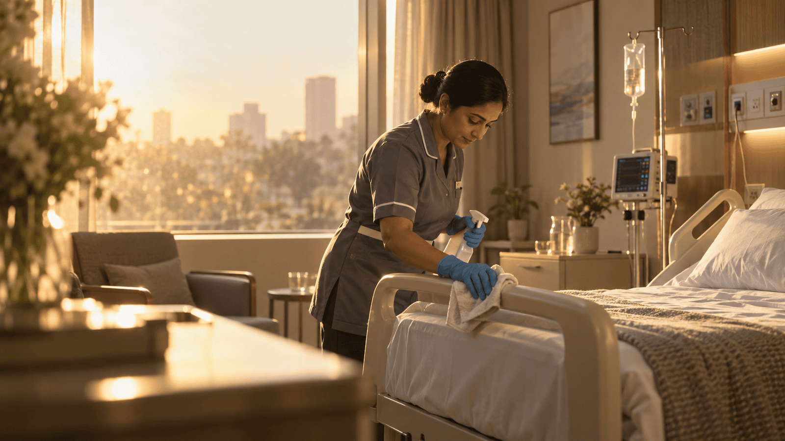 Hospital room hygiene in warm evening light.
