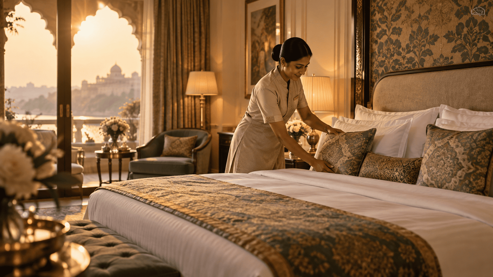 Guest-room readiness in a warm hospitality setting.