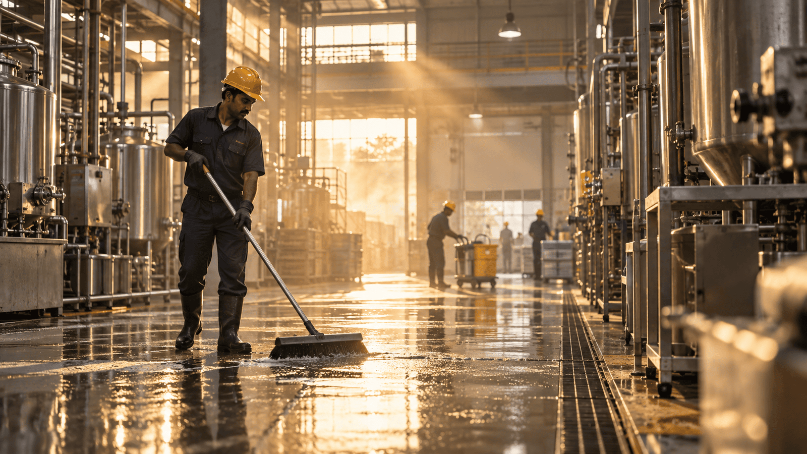 Industrial floor hygiene during a golden-hour cleaning shift.