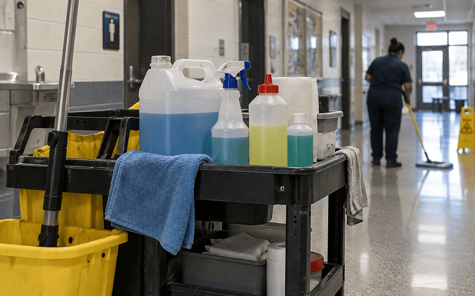 Janitorial cart with institutional cleaning chemicals in a facility corridor