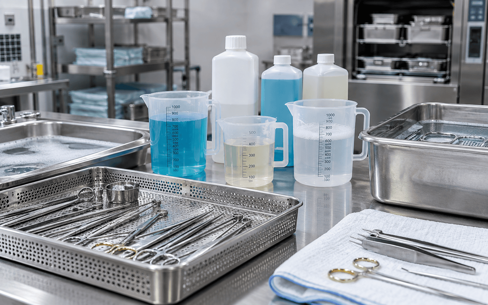 Medical instrument reprocessing station with measured cleaning solutions and stainless steel instrument trays