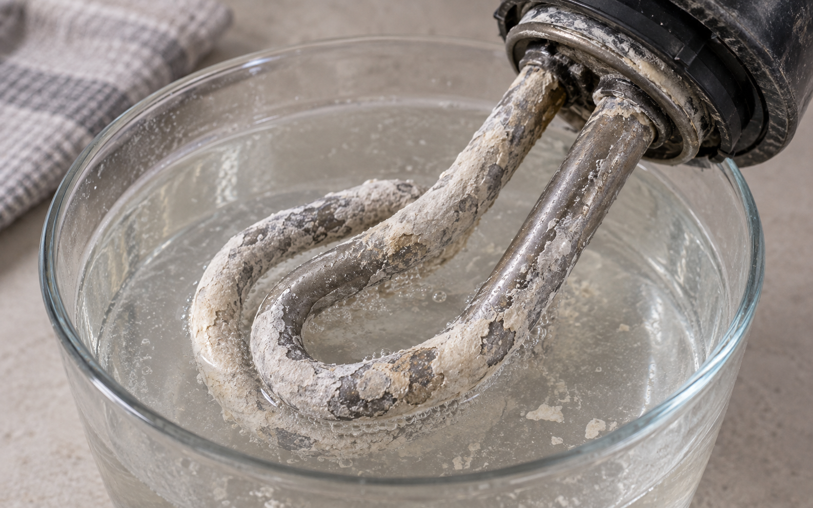 Limescale-covered metal heating element soaking during a descaling process