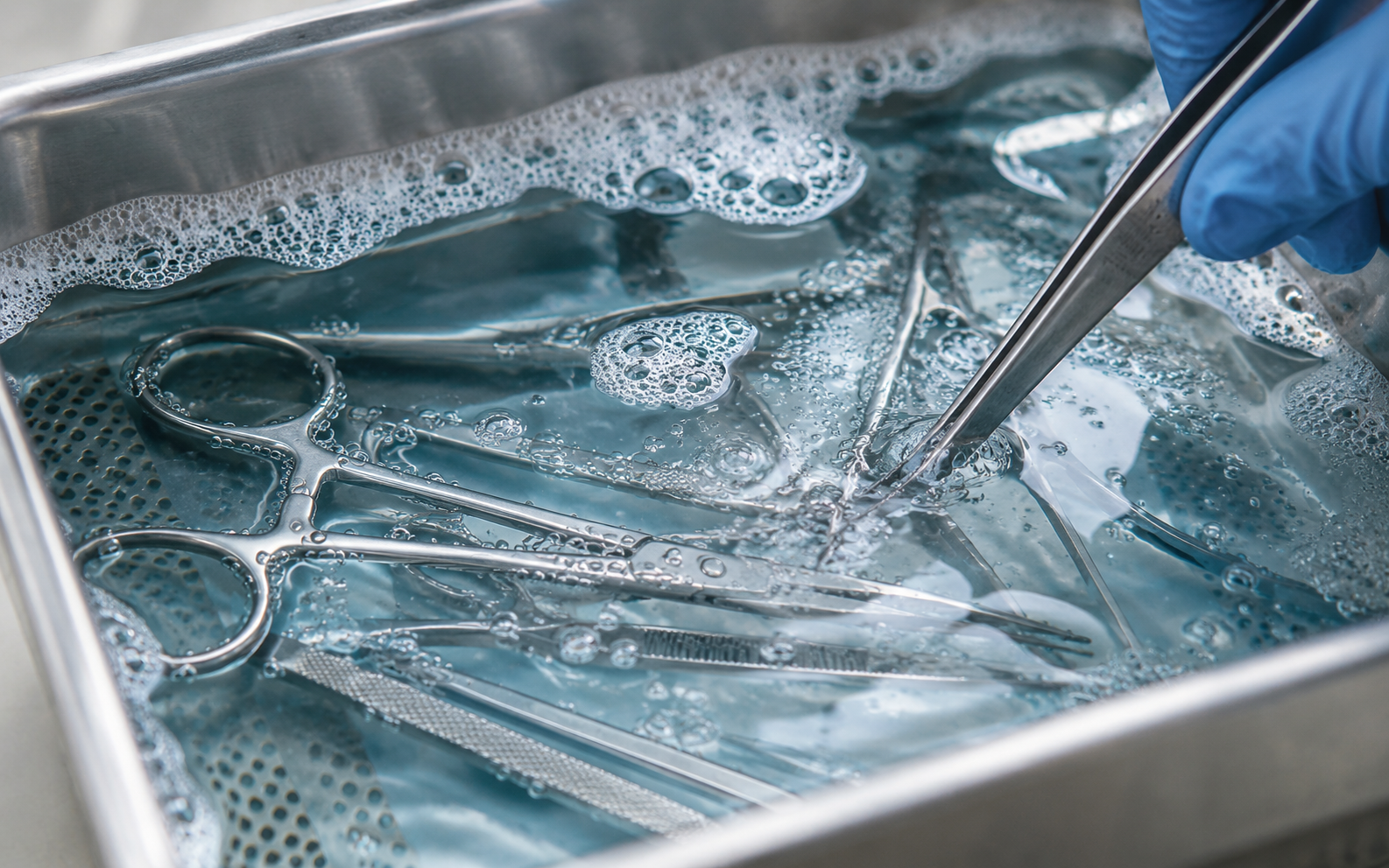 Reusable surgical instruments immersed in a foaming enzymatic cleaning bath during manual cleaning