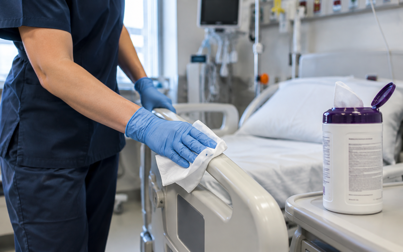 Healthcare worker disinfecting a hospital bed rail with a disposable wipe