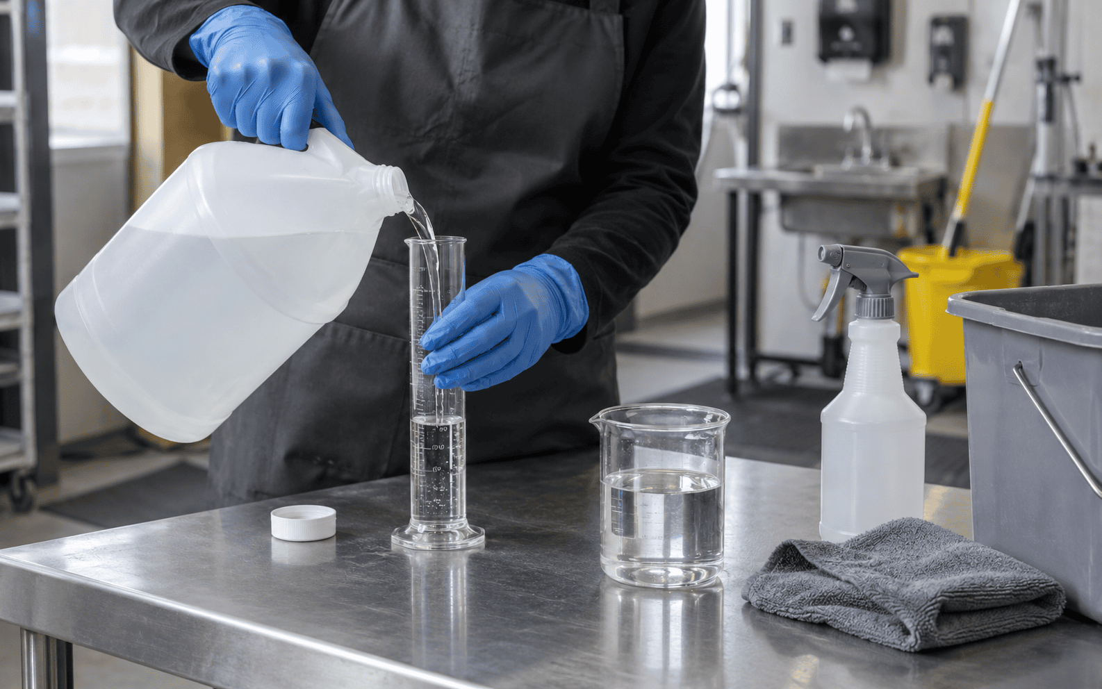 Gloved operator measuring a clear sodium hypochlorite disinfectant solution in a graduated cylinder