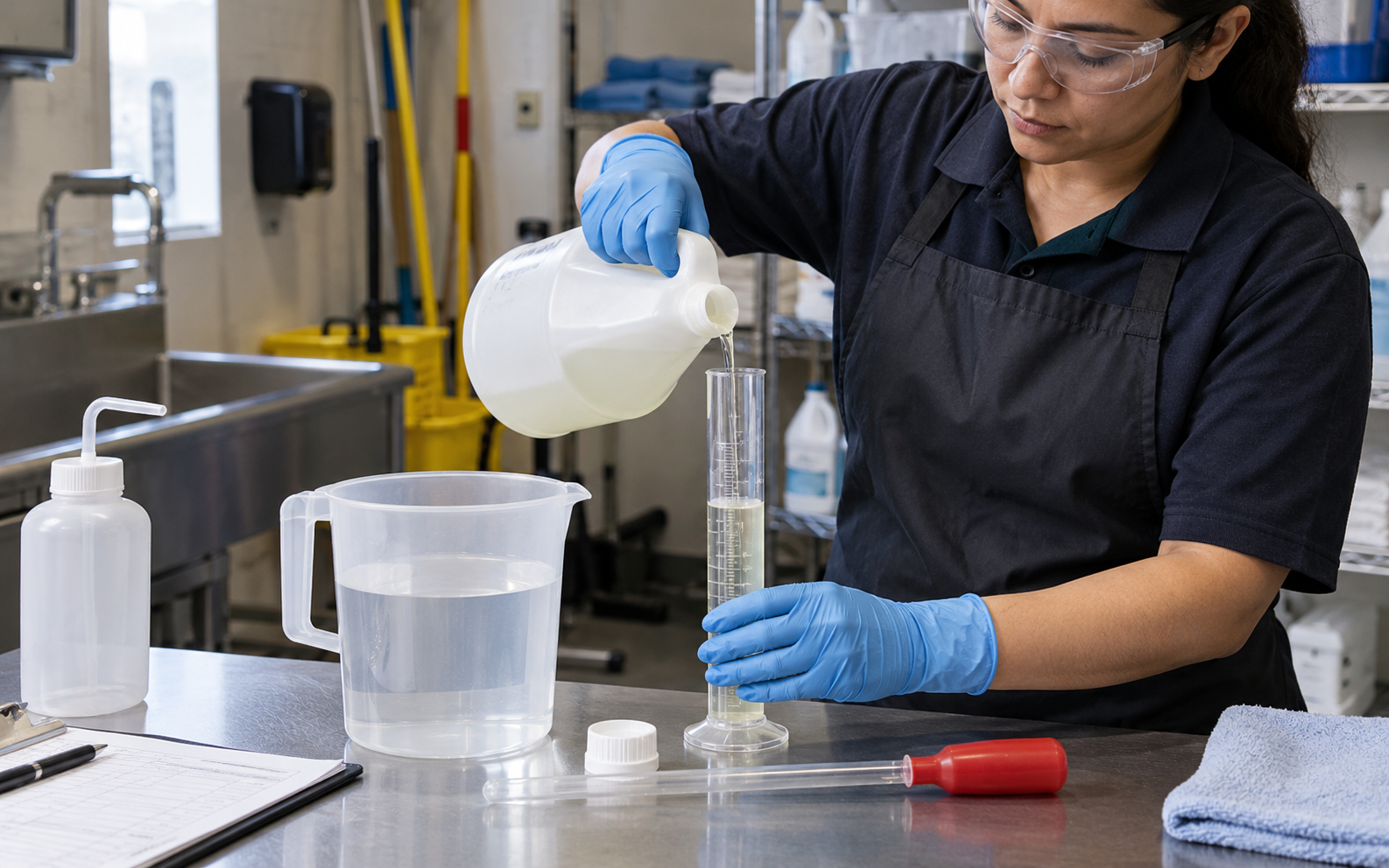 Gloved operator measuring a clear sodium hypochlorite concentrate into a graduated cylinder for controlled dilution