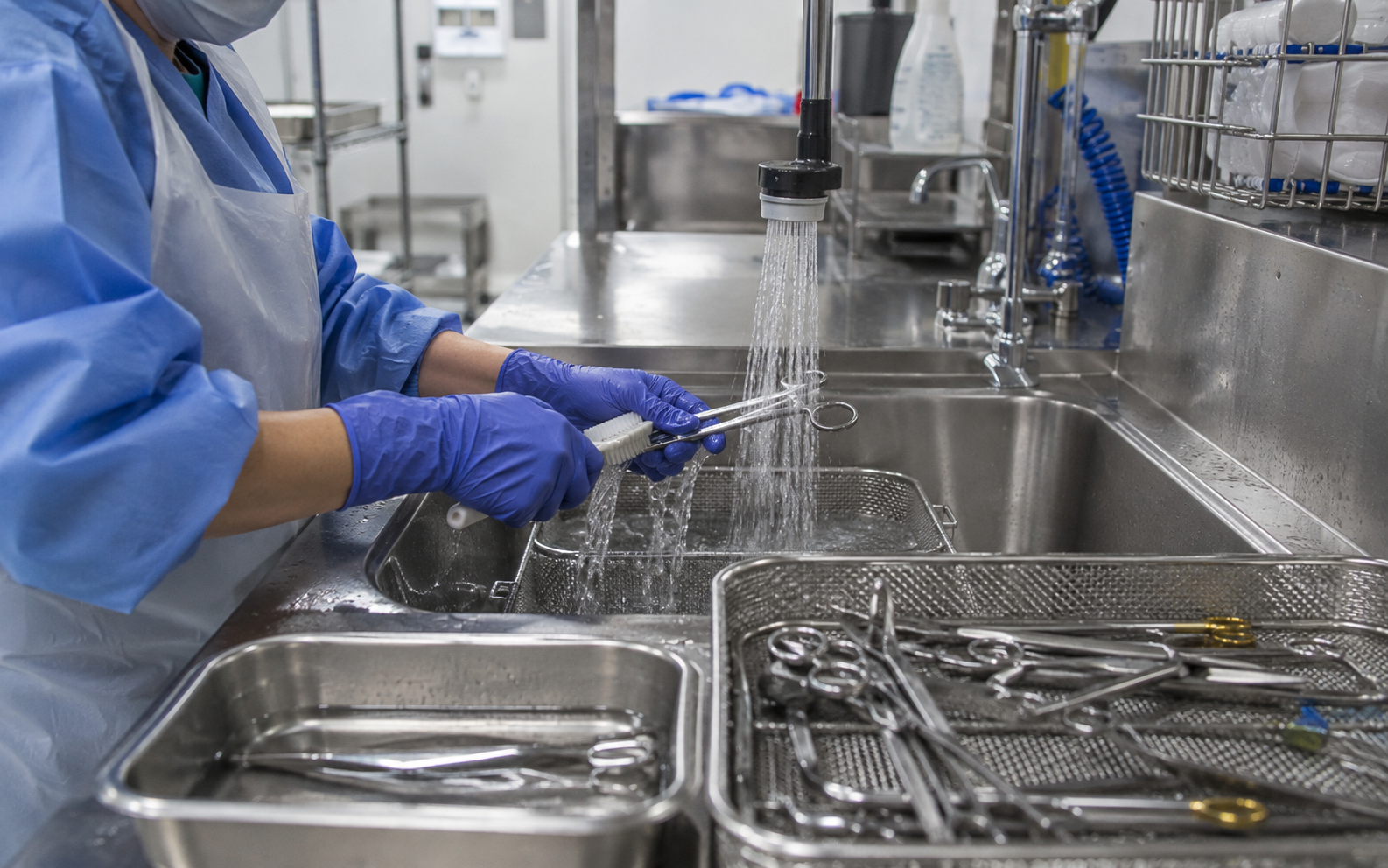 Sterile processing technician cleaning stainless steel surgical instruments under running water