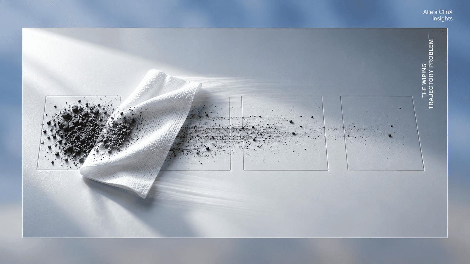 Conceptual four-field surface test showing a disinfectant wipe moving across a contaminated surface
