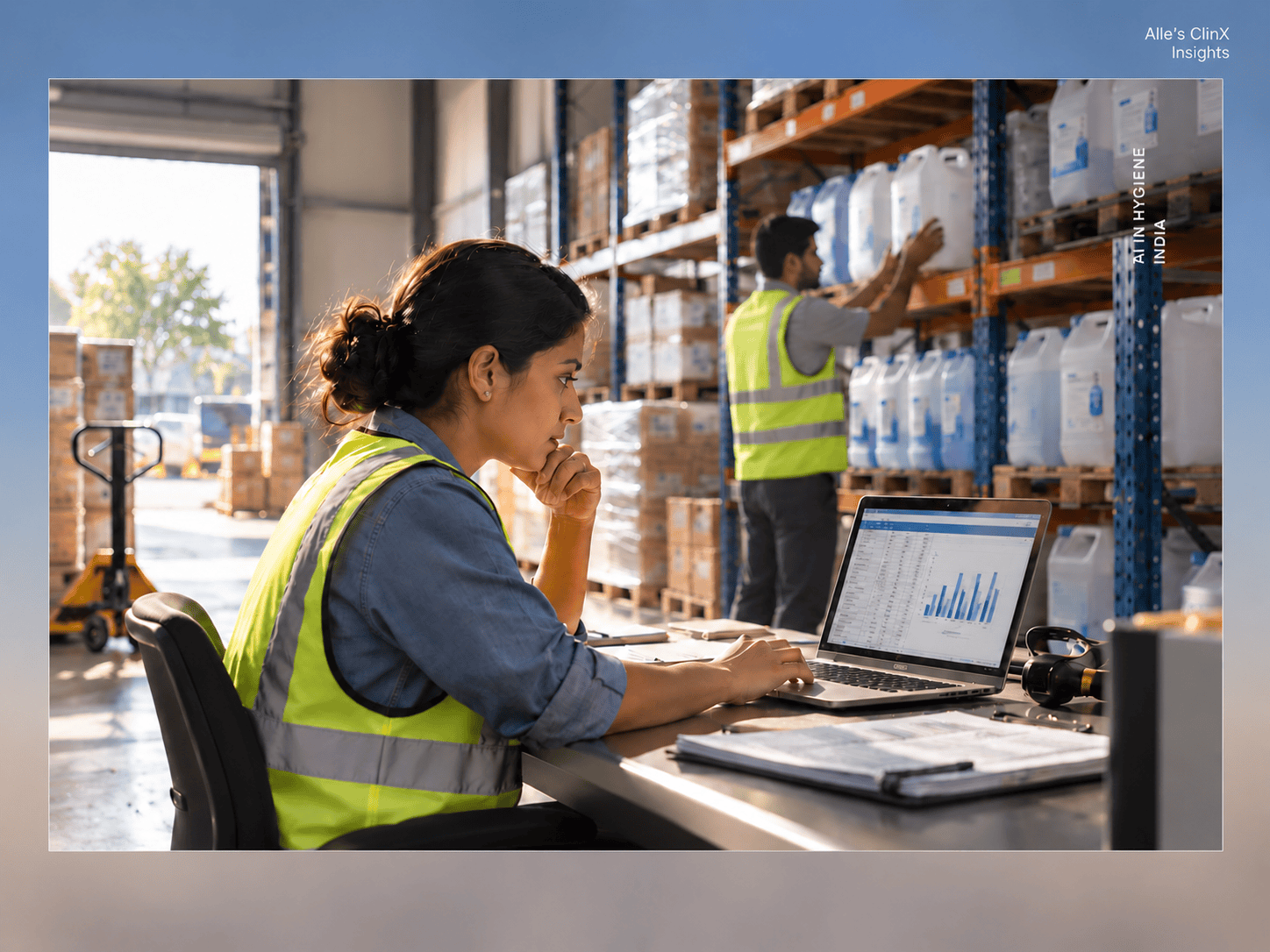 Facility operations planner reviewing inventory on a laptop in a warehouse