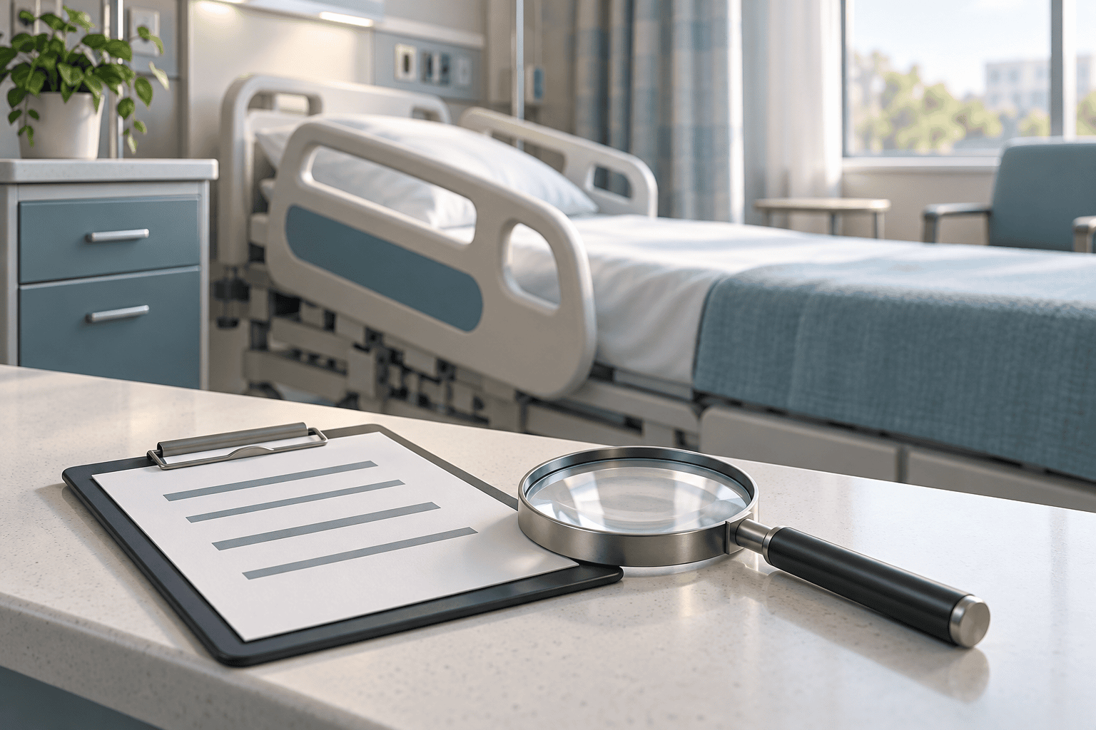 AI-generated illustration of an audit clipboard and magnifying glass beside an empty hospital bed and its side rail.