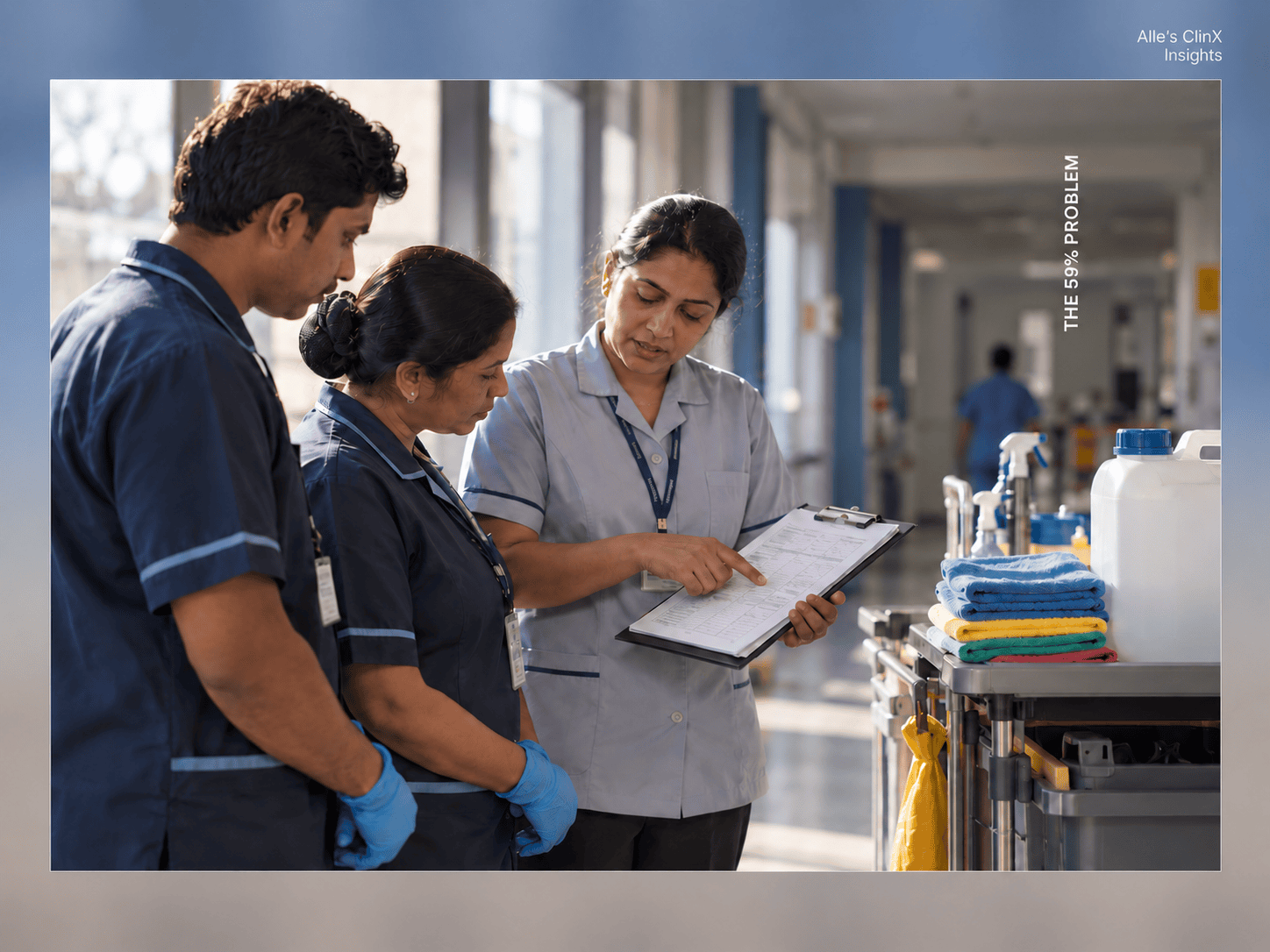 Housekeeping supervisor reviewing cleaning procedures with staff