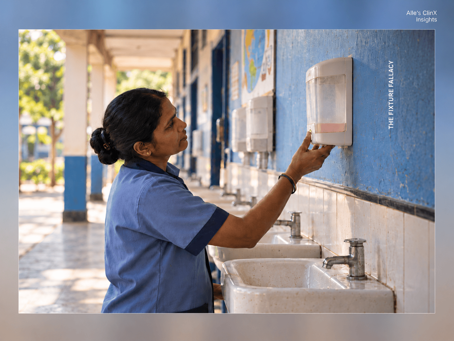 Campus maintenance worker checking a soap dispenser beside school handwashing basins