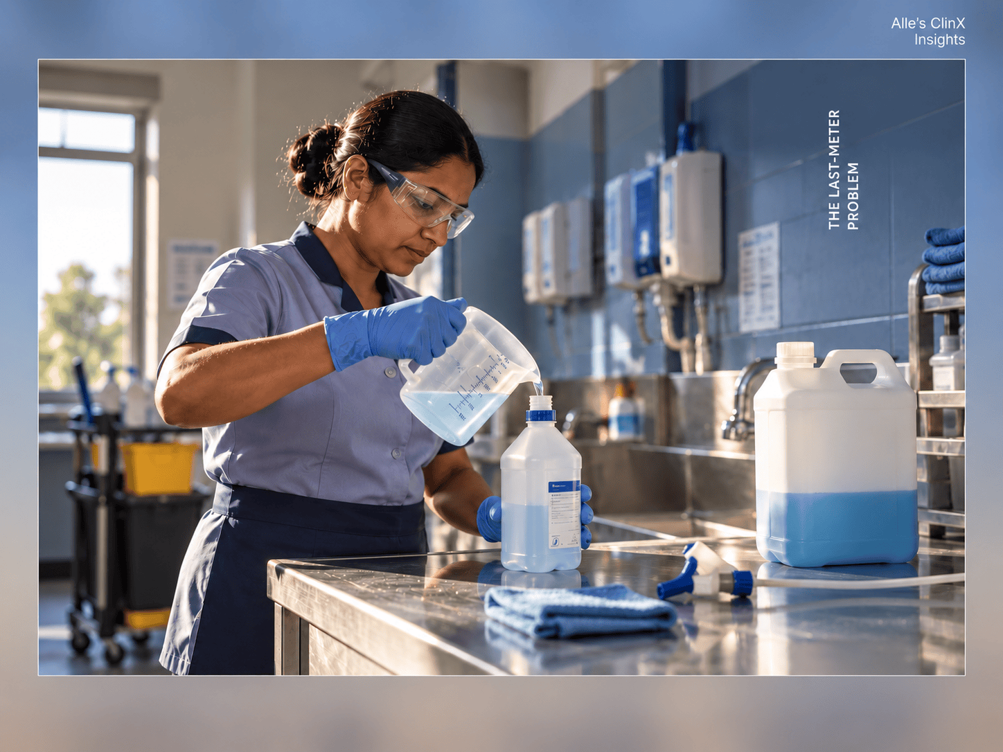 Housekeeping professional measuring a cleaning solution in a preparation room