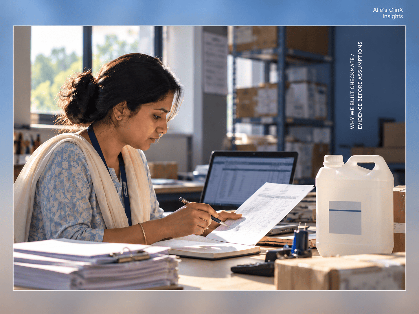 Procurement professional comparing paperwork with a delivered cleaning-chemical container